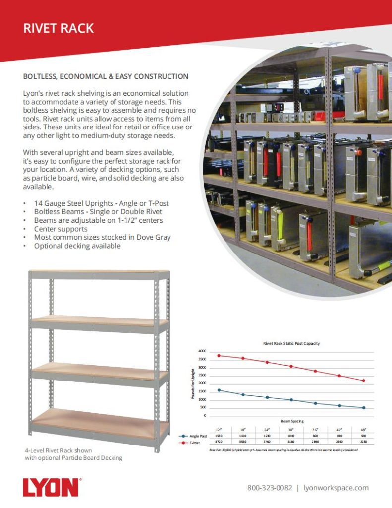Infographic for Lyons High-Quality Shelving Solutions, highlighting features like boltless assembly, heavy-duty shelving options, and adjustable beams. Includes a photo of the shelving unit with boxes in a storage area and a chart showing rack size and capacity from Lyon Brochures.