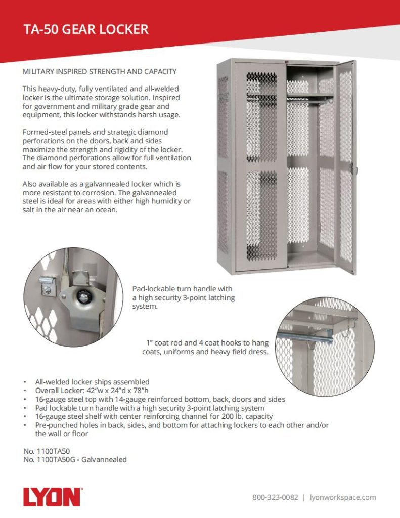Image of a high-quality, heavy-duty TA-50 gear locker by Lyon, integral to Lyons Shelving Solutions. It features perforated sides and doors for enhanced ventilation. The locker includes a pad-lockable turn handle and various hooks for gear storage. Contact details and item number are visible.