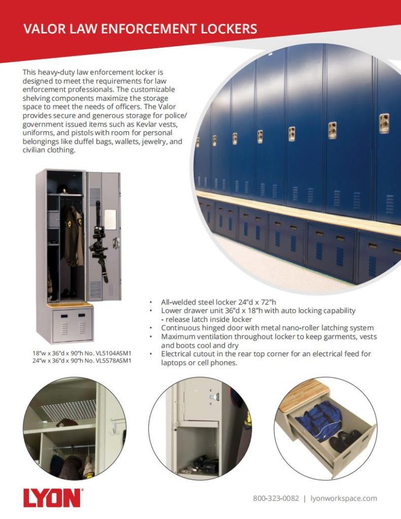 Discover Valor law enforcement lockers—your ultimate versatile storage solutions with Lyons Shelving. Featuring rows of blue lockers, a close-up reveals adjustable shelving. Text highlights the durable design, customizable features, and ideal capacity for uniforms and gear.