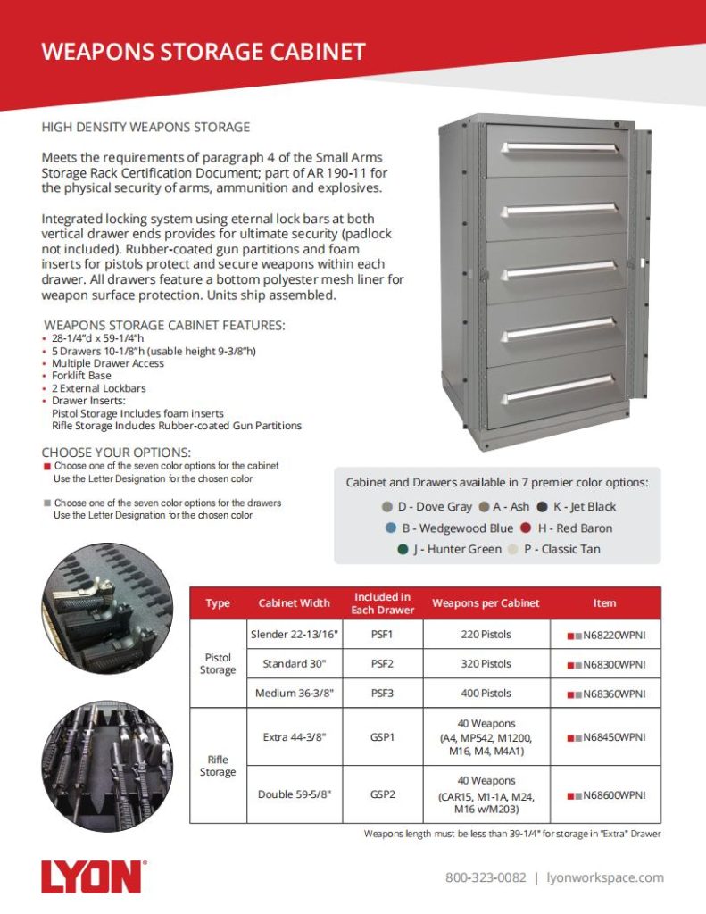 Red and white flyer for a weapons storage cabinet by Lyon Workspace. Includes an inset image of the cabinet with drawers, alongside key features. Discover options and part numbers for this heavy-duty shelving unit. For more details, explore Lyon brochures or call the number listed below.