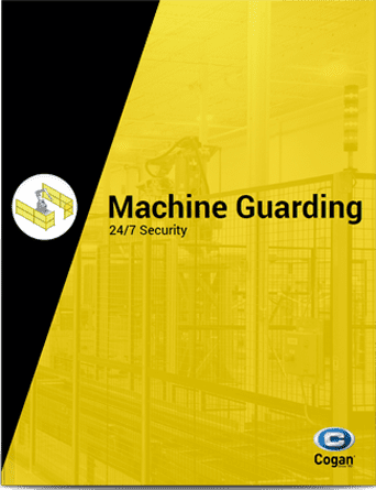 Cover displaying Machine Guarding with a 24/7 security tagline. The background showcases a yellow-tinted image of a fenced-off industrial machine, emphasizing safety. A Cogan logo adorns the bottom right corner, tying it to the renowned Cogan Brochures collection.