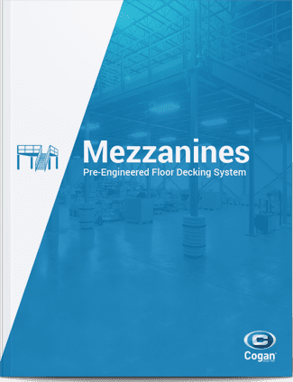 Brochure cover titled Mezzanines: Pre-Engineered Floor Decking System with a blue-tinted image of a warehouse interior showcasing shelving, industrial equipment, and partitions. Cogan logo graces the bottom right corner, emphasizing excellence in Cogan brochures.