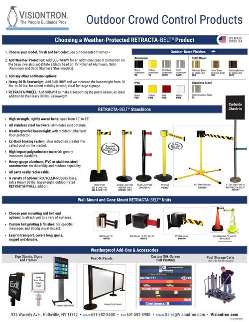 Explore Visiontrons Outdoor Crowd Control Solutions page, showcasing retractable belt stanchions, wall-mounted units, and weatherproof add-ons. Find detailed product images and descriptions with contact information conveniently located at the bottom.