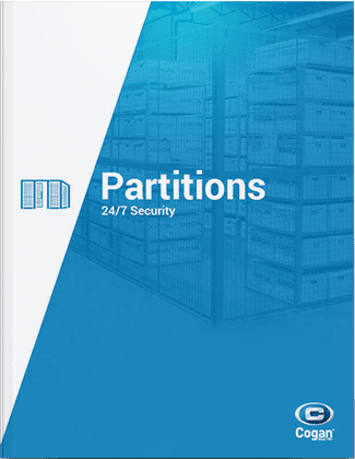 A brochure cover showcases a blue-toned image of a secure warehouse, highlighting metal partitions. The text states Partitions 24/7 Security and features the Cogan logo in the bottom right. Discover how our mezzanines enhance facility space within our Cogan brochures.