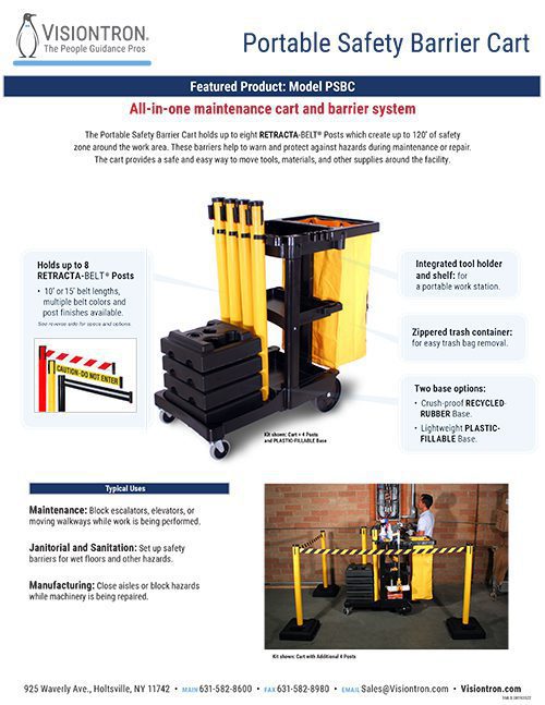 Discover Visiontrons infographic for the Portable Safety Barrier Cart, a standout in Crowd Control Solutions. It highlights retractable belts, posts, storage shelves, and a zippered trash container on a base. Find our company contact details on the Visiontron brochure page.