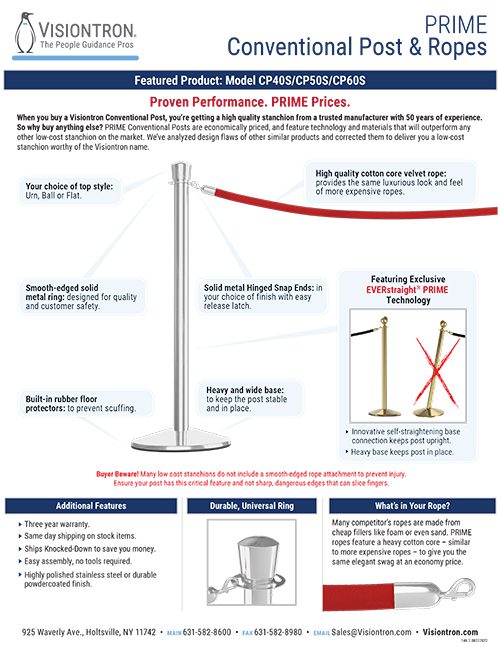 Infographic titled Conventional Post & Ropes by Visiontron features snap ends, soft ball top, hidden hinge, and heavy base. Highlights EVERstraight™ technology with leveling base for superior Crowd Control Solutions. Contact and address details at the bottom.