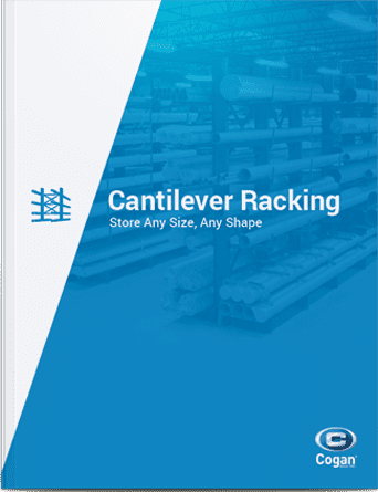 Blue and white promotional cover for Cantilever Racking by Cogan, featuring an abstract rack illustration and the tagline Store Any Size, Any Shape. Background depicts a warehouse with stacked materials. Perfectly complements Cogan brochures on Partitions and Mezzanines.