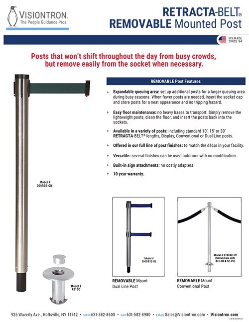 Flyer for Visiontrons Retracta-Belt Removable Mounted Post showcases features like expandable queuing areas and safety precautions. Find images of the post, mounts, stanchions, and their dimensions. Contact info and website are provided at the bottom of this Visiontron brochure page.