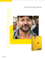 The cover page showcases a smiling man in a cap against a yellow and white backdrop. Comprehensive is vertically aligned on the left, while Safety & Storage Cabinets text highlights hazardous material containment. A small yellow safety cabinet features at the bottom right.