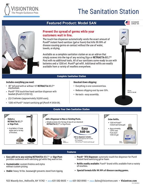 A Visiontron brochure page showcases The Sanitation Station with the touch-free hand sanitizer dispenser Model SAN. It highlights features like no wiring, various stand choices, and retractable belt stanchions options. Company contact info is at the bottom.