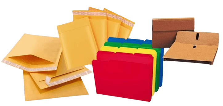 Discover our collection of office organization solutions featuring colorful Smead file folders in red, yellow, green, and blue. Complete with brown bubble mailers and cardboard shipping boxes against a plain white backdrop, its everything you need to stay organized.