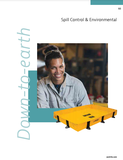 A person with a bun hairstyle smiles while wearing a light jacket. Below, an industrial safety solution—a yellow spill containment product—rests on the ground. The words Down-to-earth flank the product with Spill Control & Environmental above it, emphasizing effective hazardous material containment.
