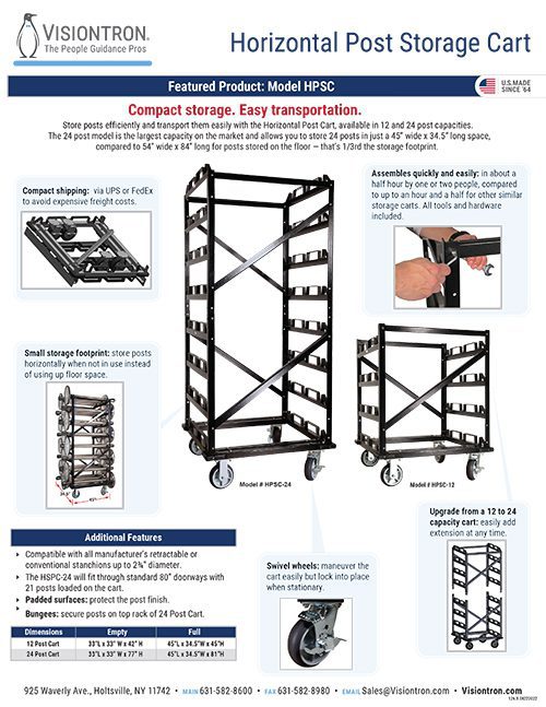 Infographic highlighting the Horizontal Post Storage Cart by Visiontron. Key features include compact shipping, modular storage for 12 or 24 posts, and easy rolling. Discover more about our innovative Visiontron Products with images of assembly, models, and contact info at the bottom.