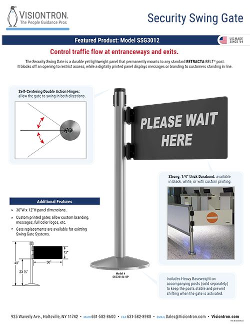Infographic for Visiontrons Security Swing Gate, model SSG3012. This crowd control solution features self-centering double action hinges, adjustable tension, a durable panel, and extended aluminum posts. The sign reads PLEASE WAIT HERE. Contact info at the bottom.