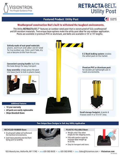 Experience top-tier Crowd Control Solutions with Visiontrons Retracta-Belt Utility Post. Boasting weatherproof construction, UV-resistant materials, and retractable belt stanchions, it offers replaceable parts and multiple base options, perfect for various environments.