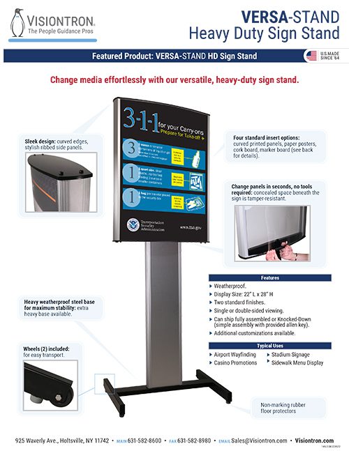 This digital flyer showcases the VERSA-STAND Heavy Duty Sign Stand by Visiontron. With a sleek design, it offers four standard insert options and effortless panel changes. Like other Visiontron products, it features tool-free swapping and heavyweight steel bases for stability.