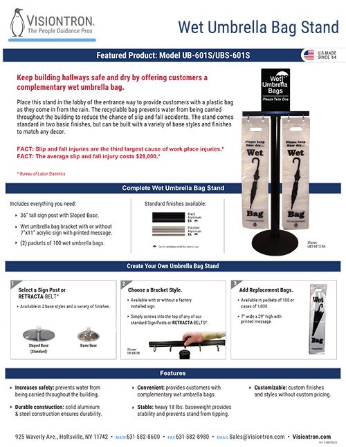 Introducing Visiontrons Wet Umbrella Bag Stand, a stylish solution to keep your floors dry. This stand offers complimentary bags and features customizable options, a safe design, and quick assembly. For more Crowd Control Solutions, check the Visiontron Brochure page. Contact info below.