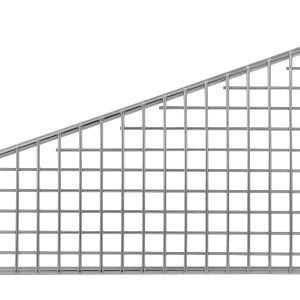 A Partition Wall Divider for pets, 10W x 6H, features an angled metal mesh design with a triangular grid pattern, chrome-plated finish, and clamps for attachment.