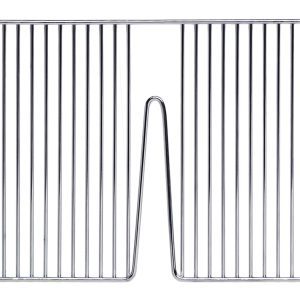 The Partition Wall Divider, measuring 10W x 6H with a chrome-plated finish, features vertical bars and two side handles. Its symmetrical V-shaped cutout design is made for fitting over heat sources, combining simplicity and functionality.