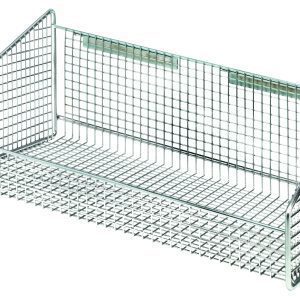 The Partition Wall Hanging Basket (11-7/8W x 18D x 7-1/2H) is a chrome-plated, rectangular wire mesh shelf with metal sides, ideal for item organization. Its minimalist, industrial mesh design supports up to 125 lbs and includes two mounts for easy wall installation.