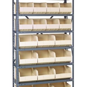 The Quantum Shelving Unit, sized 24D x 36L x 75H, includes eight heavy-duty galvanized steel shelves, each with a 400 lb. capacity. It features (12) SSB483 and (12) SSB485 ivory black bins for uniform organization.