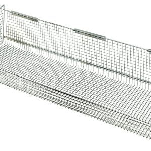 The Quantum Partition Wall Hanging Basket, measuring 11-7/8W X 36D X 7-1/2H, has an open mesh design and chrome-plated finish. Equipped with three rear mounting brackets, it supports up to 125 lbs., making it ideal for organized storage.