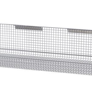 The Quantum Partition Wall Hanging Basket features a long, rectangular mesh design with a grid pattern, chrome-plated finish, and three hooks for wall mounting. It measures 11-7/8W x 48D x 7-1/2H and supports up to 125 lbs.