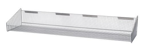 The Quantum Partition Wall Hanging Basket features a long, rectangular mesh design with a grid pattern, chrome-plated finish, and three hooks for wall mounting. It measures 11-7/8W x 48D x 7-1/2H and supports up to 125 lbs.