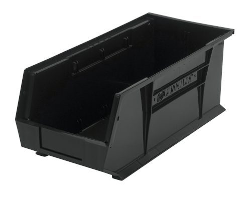 The Quantum Bin (8-1/4W x 18D x 7H) in black polypropylene features front, back, and side grips, an open front for easy access, reinforced edges, an anti-slide lock to secure items, a rear hanger, a molded-in label holder, and one divider slot. Made in the USA.
