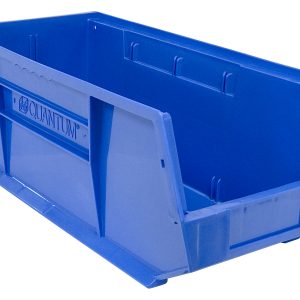 A large blue polypropylene Quantum Bin (8-1/4W x 18D x 7H) with open front and reinforced sides, featuring embossed branding, sits against a white background. It includes a divider slot, anti-slide lock, rear hanger, and molded-in label holder for stacking or hanging. Made in USA.