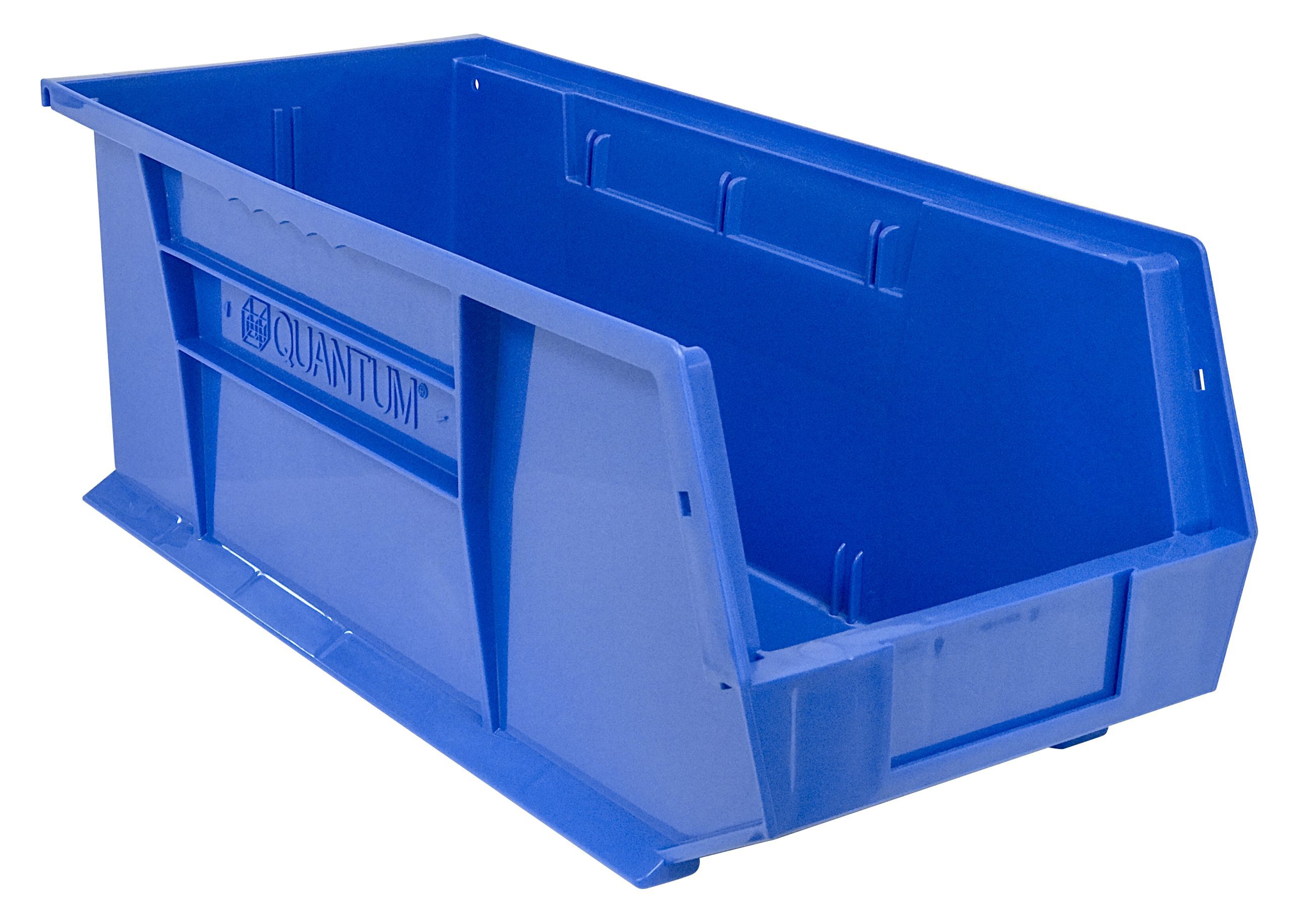 Bin, Stacking Or Hanging, 8-1/4"W X 18"D X 7"H, Front/Back/Side Grips, Anti-Slide Lock, (1) Divider Slot, Rear Hanger, Molded-In Label Holder, Polypropylene, Blue, Made In USA