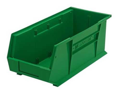 The Quantum Bin is a green polypropylene storage bin, 8-1/4W x 18D x 7H, featuring front/back/side grips, an anti-slide lock, one divider slot, a rear hanger, and a molded-in label holder for efficient organization. Made in the USA.