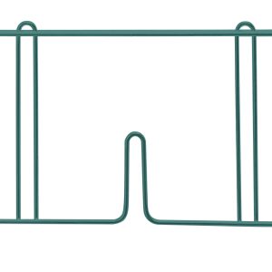 A green epoxy Quantum Wire Shelf Divider, 21D x 8H, features a simple design with evenly spaced vertical bars, small hooks on top, and a center cut-out section.