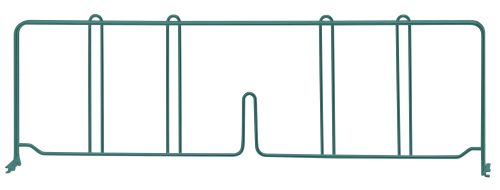 10DIV21P.jpg A green epoxy Quantum Wire Shelf Divider, 21D x 8H, features a simple design with evenly spaced vertical bars, small hooks on top, and a center cut-out section.