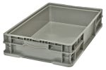 The Quantum Stacker Straight Wall Container, measuring 24L x 15W x 5H, is a large gray crate made from injection-molded high-density polyethylene. It features reinforced edges, a textured surface, two built-in hand grips, and is stackable with a capacity of up to 175 lbs.