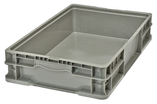 10RSO2415-5.jpg The Quantum Stacker Straight Wall Container, measuring 24L x 15W x 5H, is a large gray crate made from injection-molded high-density polyethylene. It features reinforced edges, a textured surface, two built-in hand grips, and is stackable with a capacity of up to 175 lbs.
