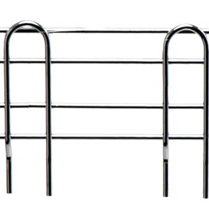 Two metal Quantum Side Ledge dividers, measuring 12D x 4H with a chrome plated finish, feature three U-shaped loops each for holding toast upright. They boast a shiny silver look and minimalist design, perfect for any side ledge.