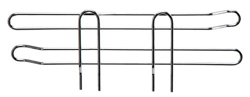 Two metal Quantum Side Ledge dividers, measuring 12D x 4H with a chrome plated finish, feature three U-shaped loops each for holding toast upright. They boast a shiny silver look and minimalist design, perfect for any side ledge.