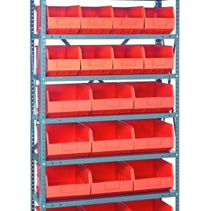 The Quantum Shelving Unit is 24D x 36L x 75H, has eight shelves with a 400 lb. capacity each, and contains twelve SSB483 bins (20-1/2L x 8-1/4W x 7H) plus twelve orange-black bins (SSB485) measuring 20-1/2L x 11W x 7H. It features a galvanized steel finish.