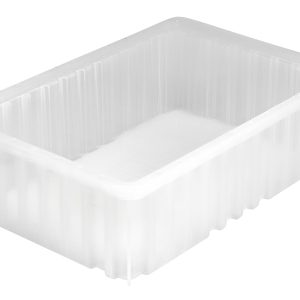 The clear Quantum Dividable Grid Container, made in the USA, features ribbed sides and measures 16-1/2L x 10-7/8W x 5H. It is open at the top, empty, and displayed against a plain white background.