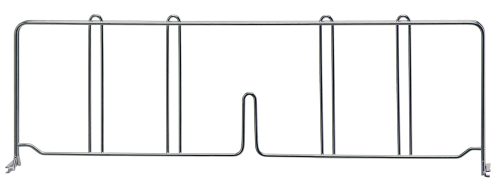 The Quantum Wire Shelf Divider, made from 304 stainless steel, has a rectangular frame with four vertical supports and a U-shaped curve at the bottom. It measures 21D x 8H and features two small clips at the lower corners for added functionality.