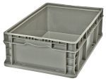 The gray Quantum Stacker Straight Wall Container (24L x 15W x 7.5H) is made from injection-molded high-density polyethylene and has reinforced sides for stacking and transportation, built-in hand grips on two sides, a smooth interior, and can handle up to 175 lbs., but does not include a lid.