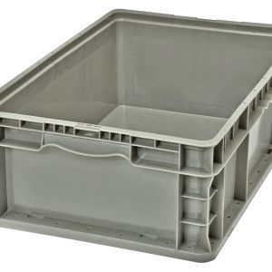 The gray Quantum Stacker Straight Wall Container (24L x 15W x 7.5H) is made from injection-molded high-density polyethylene and has reinforced sides for stacking and transportation, built-in hand grips on two sides, a smooth interior, and can handle up to 175 lbs., but does not include a lid.
