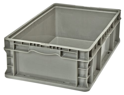 The gray Quantum Stacker Straight Wall Container (24L x 15W x 7.5H) is made from injection-molded high-density polyethylene and has reinforced sides for stacking and transportation, built-in hand grips on two sides, a smooth interior, and can handle up to 175 lbs., but does not include a lid.