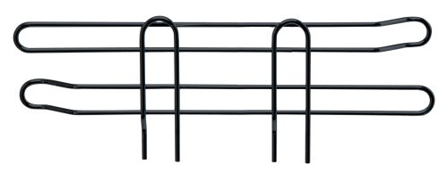 11SL12BK.jpg The Quantum Side Ledge is a black metal wire rack with a minimalist design, featuring two parallel bars, three vertical supports, rounded ends, and a size of 12D x 4H. It has a sleek side ledge finished in black epoxy antimicrobial coating for organizing items.