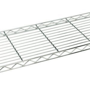 The Quantum Wire Shelf, 24W x 12D, features a rectangular grid design with reinforced edges, holds 600-800 lbs, and has a chrome-plated finish. It includes small black labels on the sides and is set against a white background.