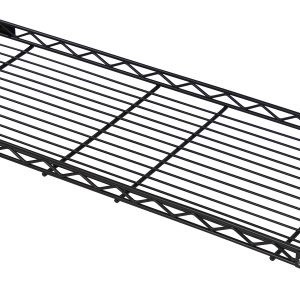 The Quantum Wire Shelf features a rectangular black metal wire design with a grid pattern, two corner mounting holes, and cantilevered structure; it measures 24W x 12D with an antimicrobial epoxy finish, offering sturdy industrial style for storage or organization.