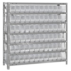 The Quantum Shelving Unit, measuring 12D x 36L x 39H with a galvanized steel finish, includes seven shelves and 72 QSB100 clear black bins (11-5/8L x 2-3/4W x 4H each), perfect for organizing small items. Each heavy-duty shelf supports up to 400 lbs.