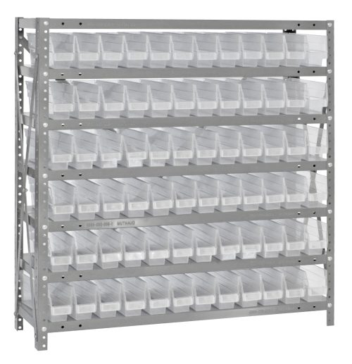The Quantum Shelving Unit, measuring 12D x 36L x 39H with a galvanized steel finish, includes seven shelves and 72 QSB100 clear black bins (11-5/8L x 2-3/4W x 4H each), perfect for organizing small items. Each heavy-duty shelf supports up to 400 lbs.