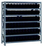 The Quantum Shelving Unit features seven 12D x 36L shelves with a 400 lb. load capacity each and comes with stable angled supports, galvanized steel finish, and includes 72 black bins (11-5/8L x 2-3/4W x 4H) for organized storage in any space.